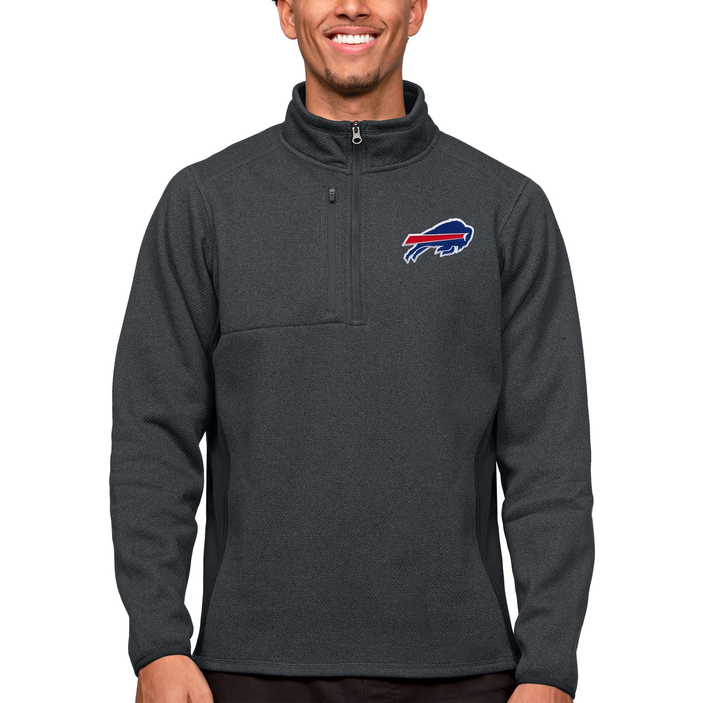 Men's Antigua Heathered Charcoal Buffalo Bills Course Quarter-Zip Pullover Top