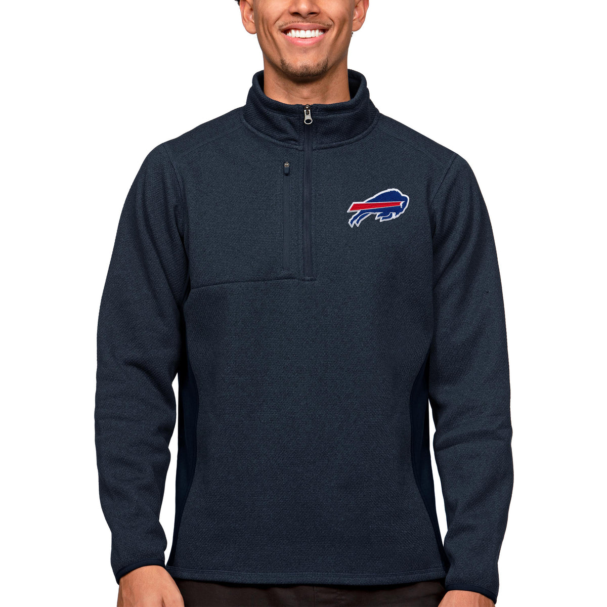 Men's Antigua Heathered Navy Buffalo Bills Course Quarter-Zip Pullover Top