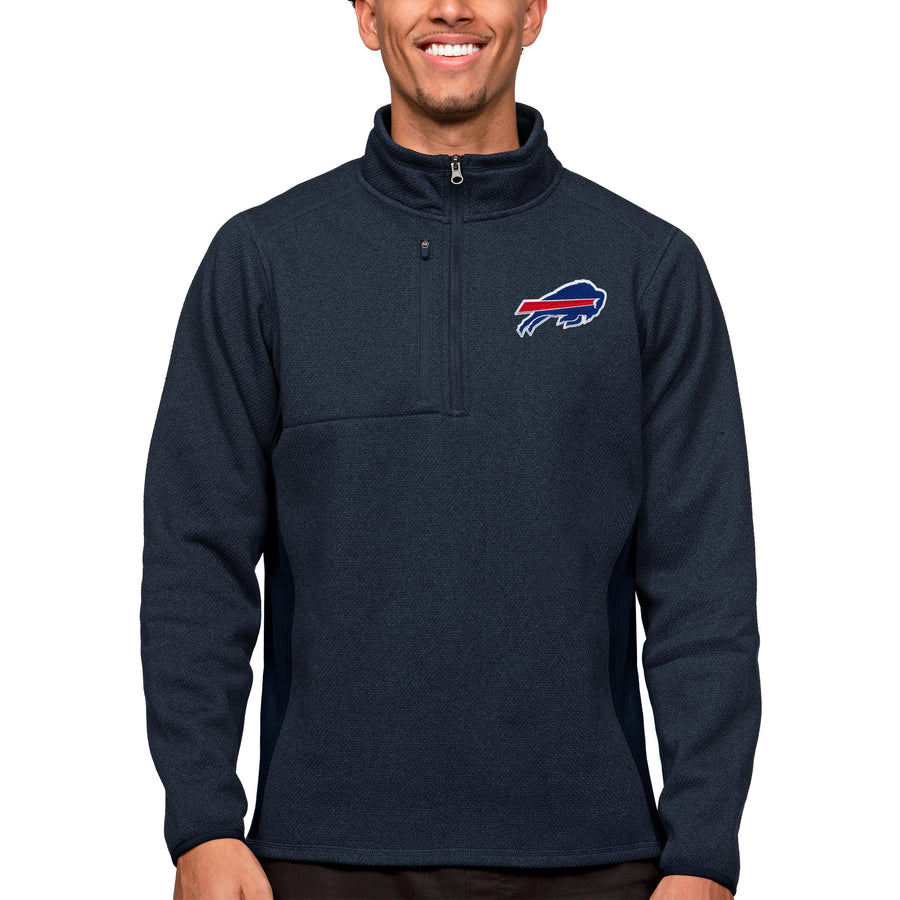 Men's Antigua Heathered Navy Buffalo Bills Course Quarter-Zip Pullover Top