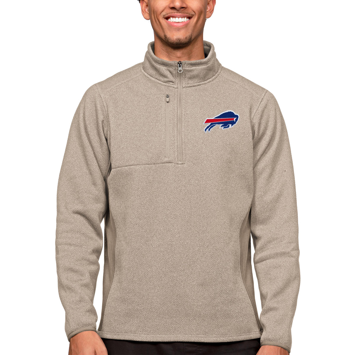 Men's Antigua Oatmeal Buffalo Bills Course Quarter-Zip Pullover Top