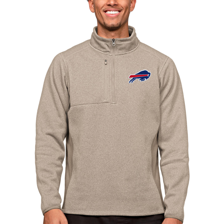 Men's Antigua Oatmeal Buffalo Bills Course Quarter-Zip Pullover Top