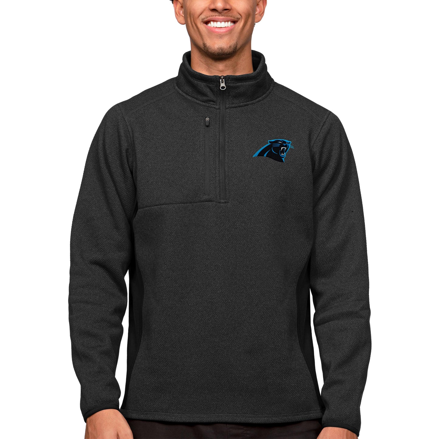 Men's Antigua Heathered Black Carolina Panthers Course Quarter-Zip Pullover Top