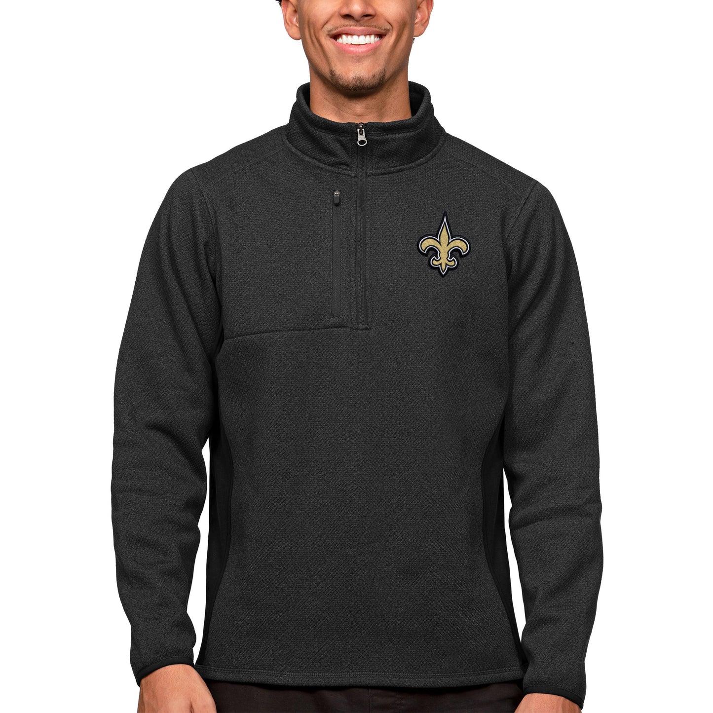 Men's Antigua Heathered Black New Orleans Saints Course Quarter-Zip Pullover Top