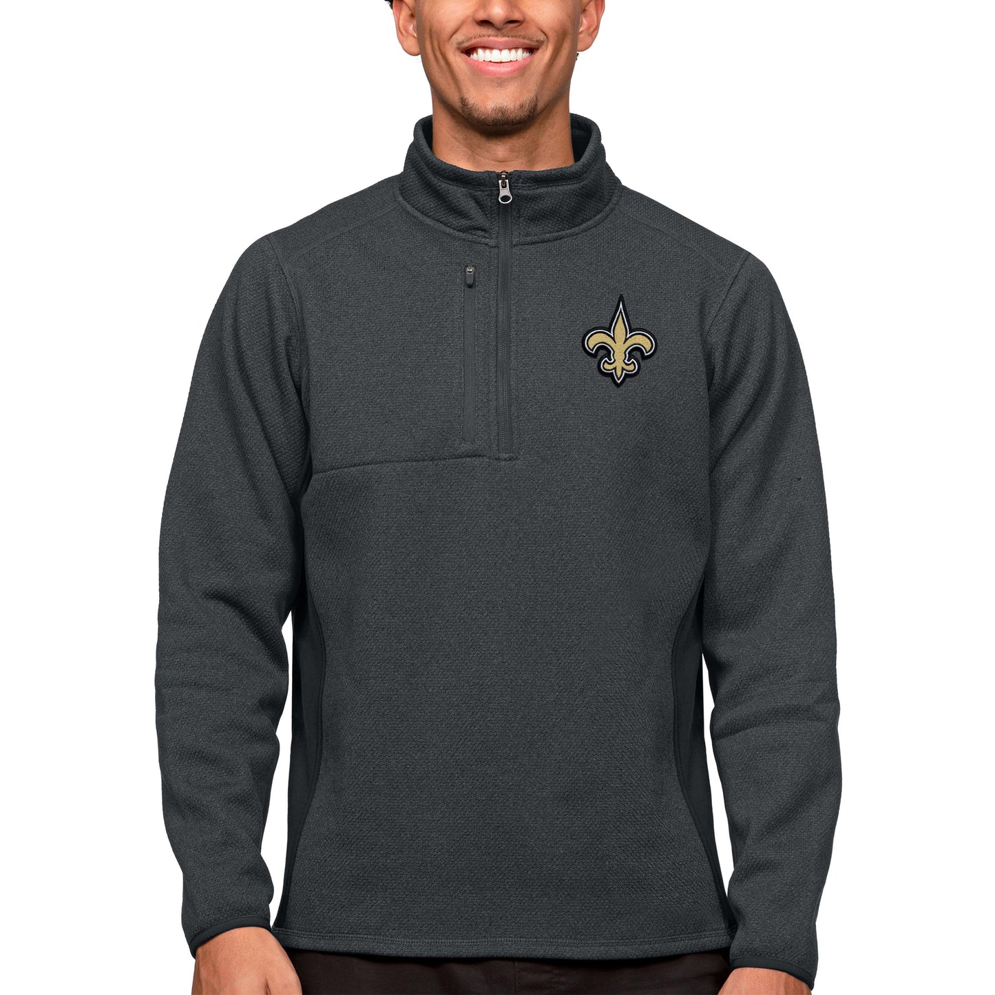 Men's Antigua Heathered Charcoal New Orleans Saints Course Quarter-Zip Pullover Top