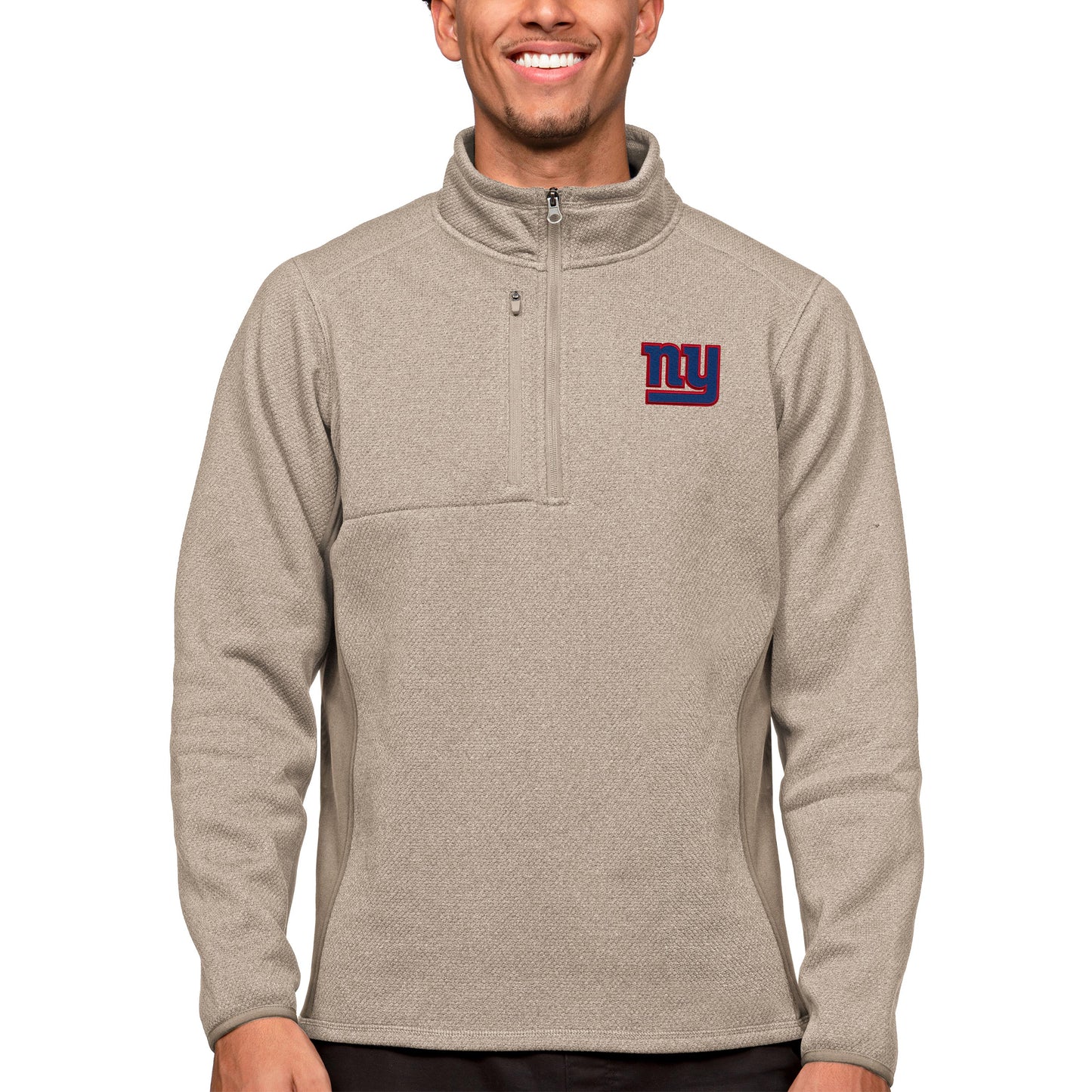 Men's Antigua Oatmeal New York Giants Course Quarter-Zip Pullover Top
