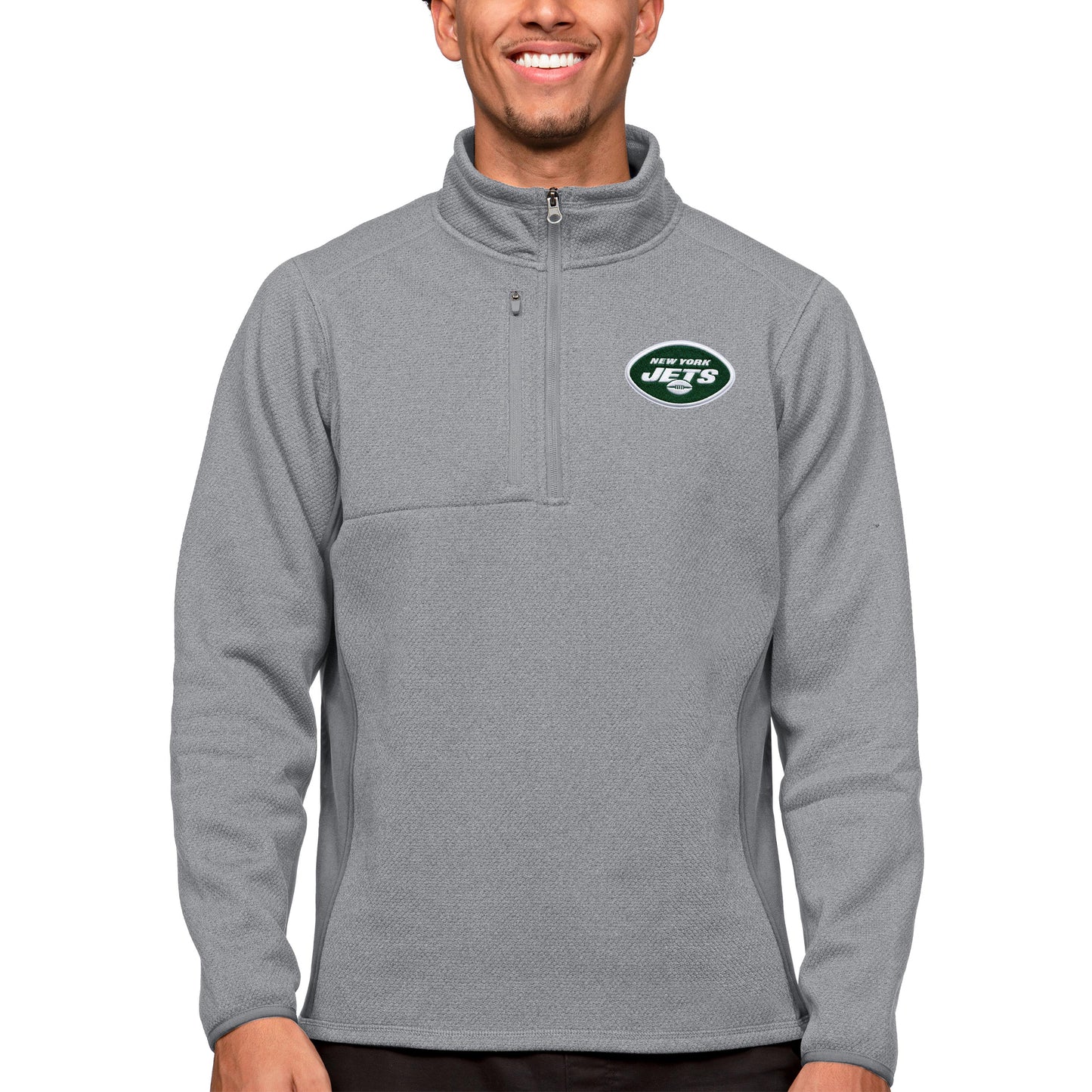 Men's Antigua Heathered Gray New York Jets Course Quarter-Zip Pullover Top