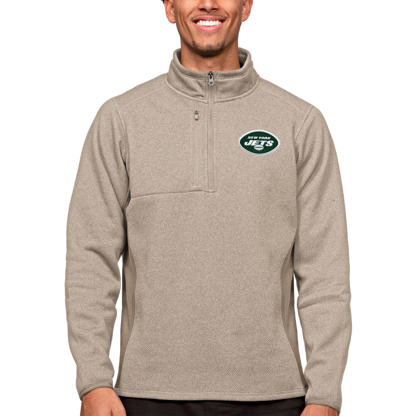 Men's Antigua Oatmeal New York Jets Course Quarter-Zip Pullover Top