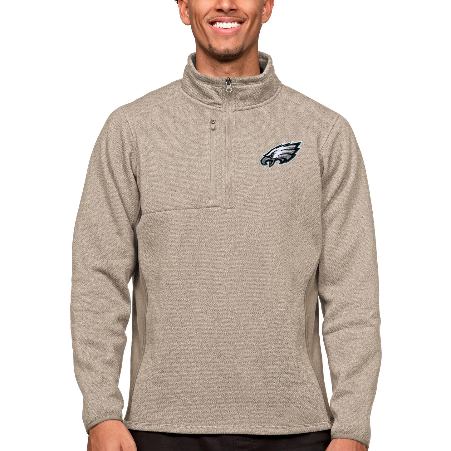 Men's Antigua Oatmeal Philadelphia Eagles Course Quarter-Zip Pullover Top