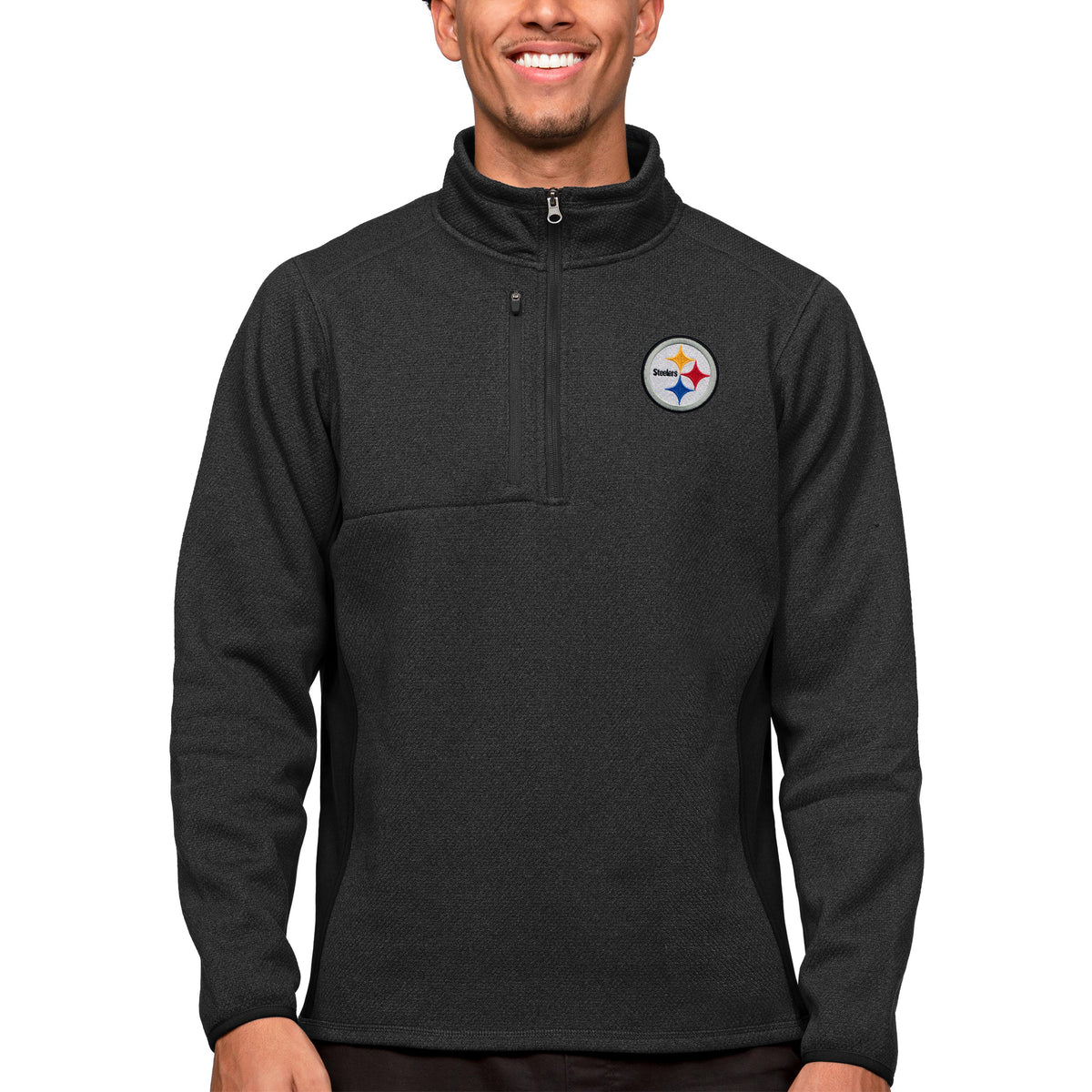 Men's Antigua Heathered Black Pittsburgh Steelers Course Quarter-Zip Pullover Top