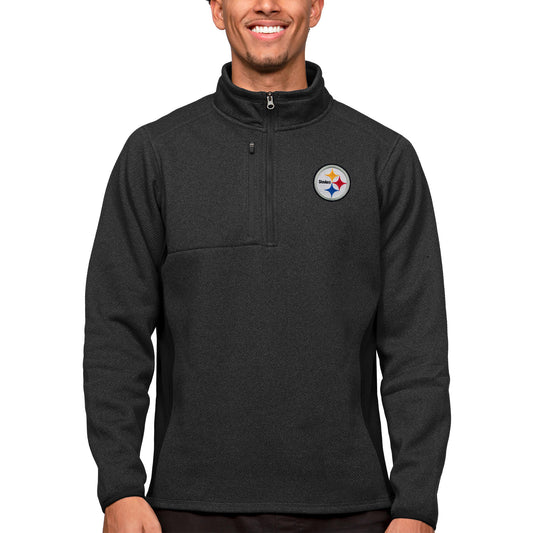 Men's Antigua Heathered Black Pittsburgh Steelers Course Quarter-Zip Pullover Top