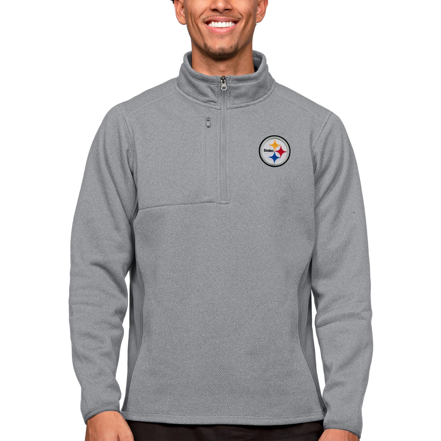 Men's Antigua Heathered Gray Pittsburgh Steelers Course Quarter-Zip Pullover Top