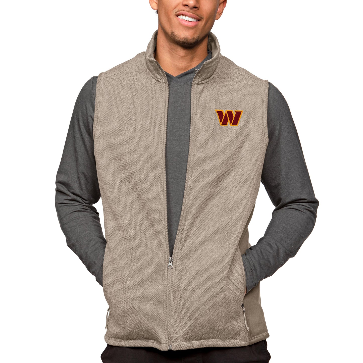 Men's Antigua Oatmeal Washington Commanders Course Full-Zip Vest