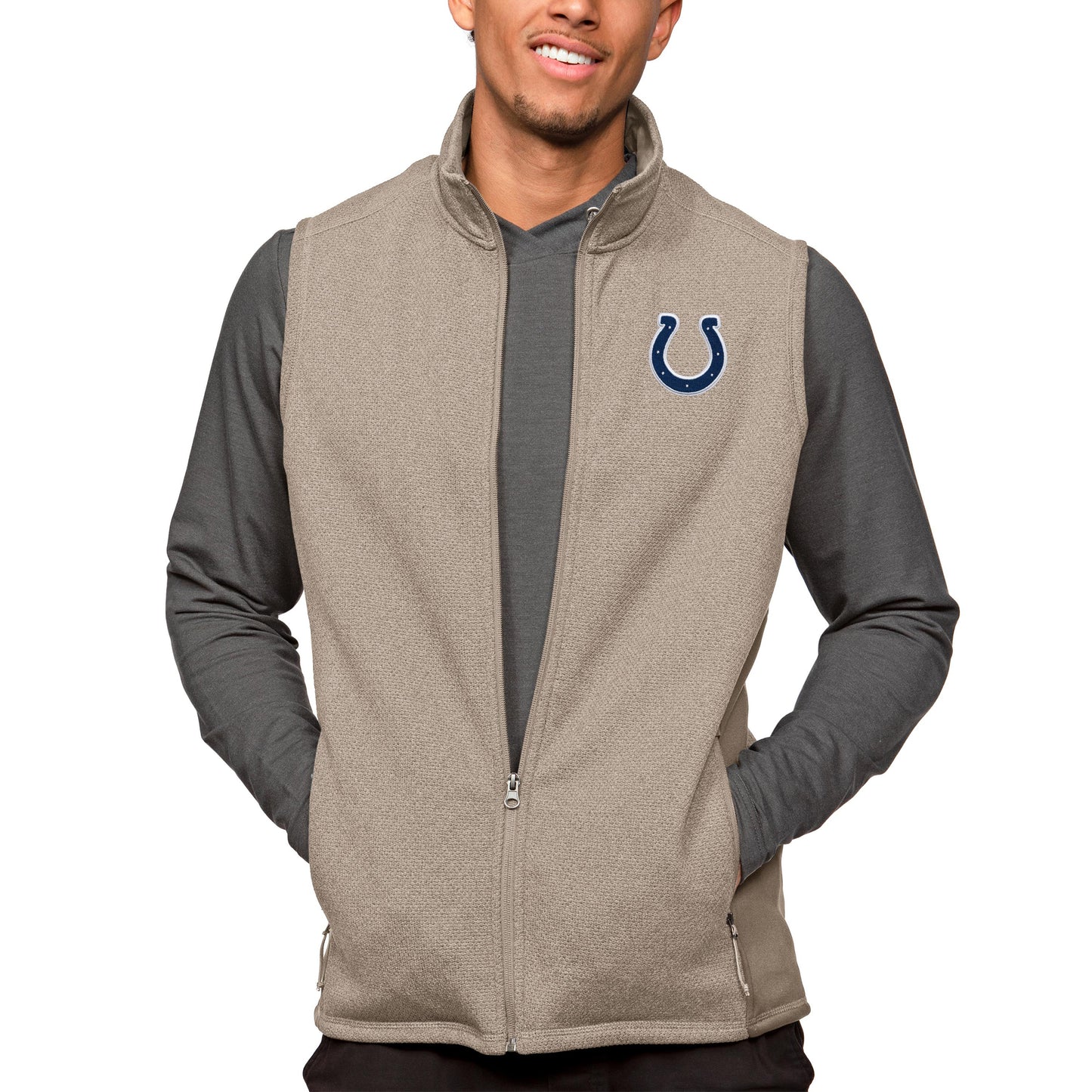 Men's Antigua Oatmeal Indianapolis Colts Course Full-Zip Vest