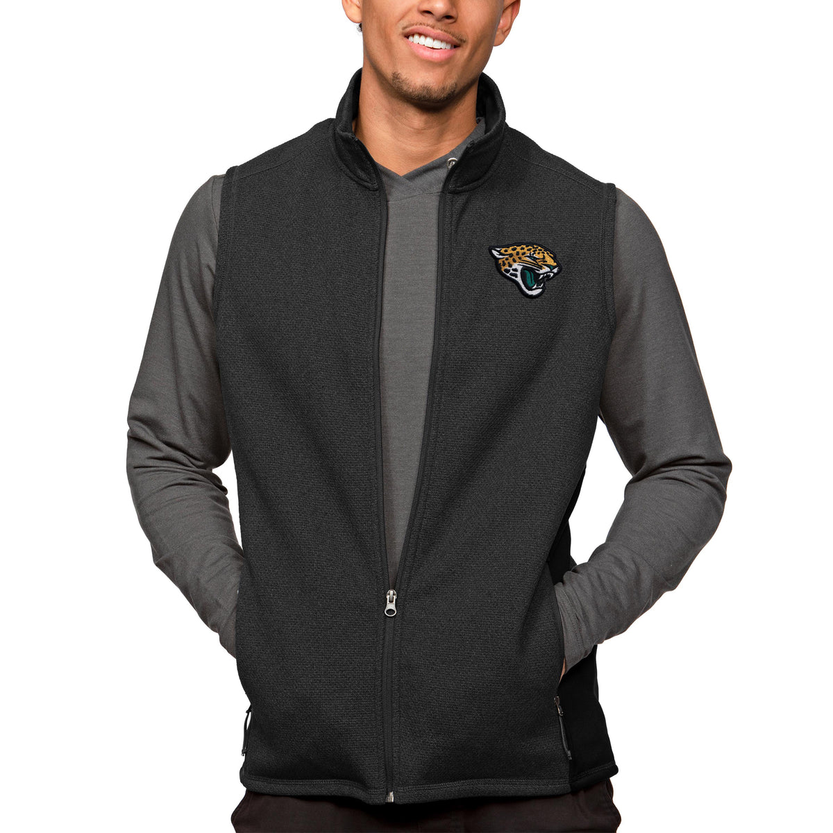 Men's Antigua Heathered Black Jacksonville Jaguars Course Full-Zip Vest
