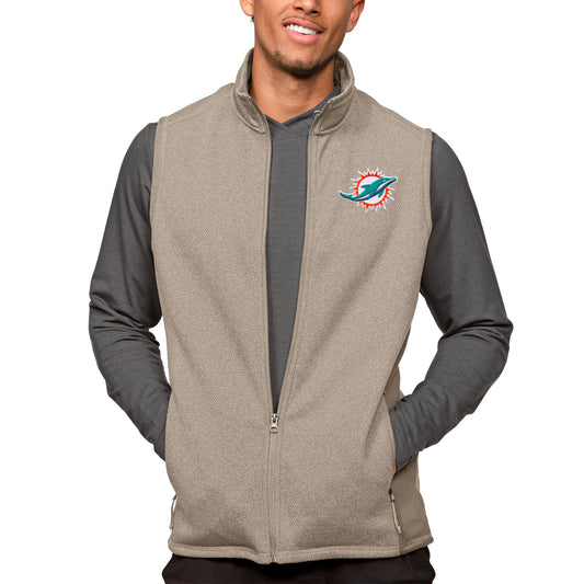 Men's Antigua Oatmeal Miami Dolphins Course Full-Zip Vest