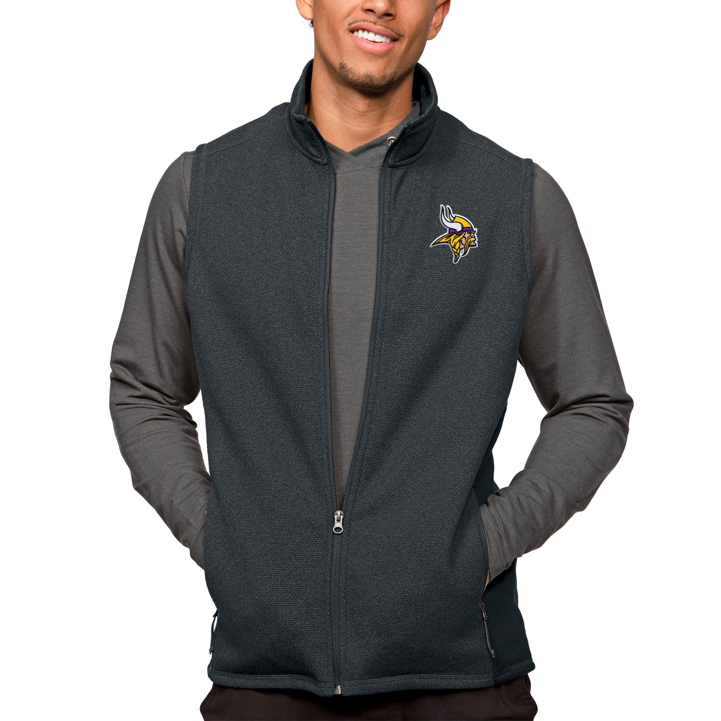 Men's Antigua Heathered Charcoal Minnesota Vikings Course Full-Zip Vest