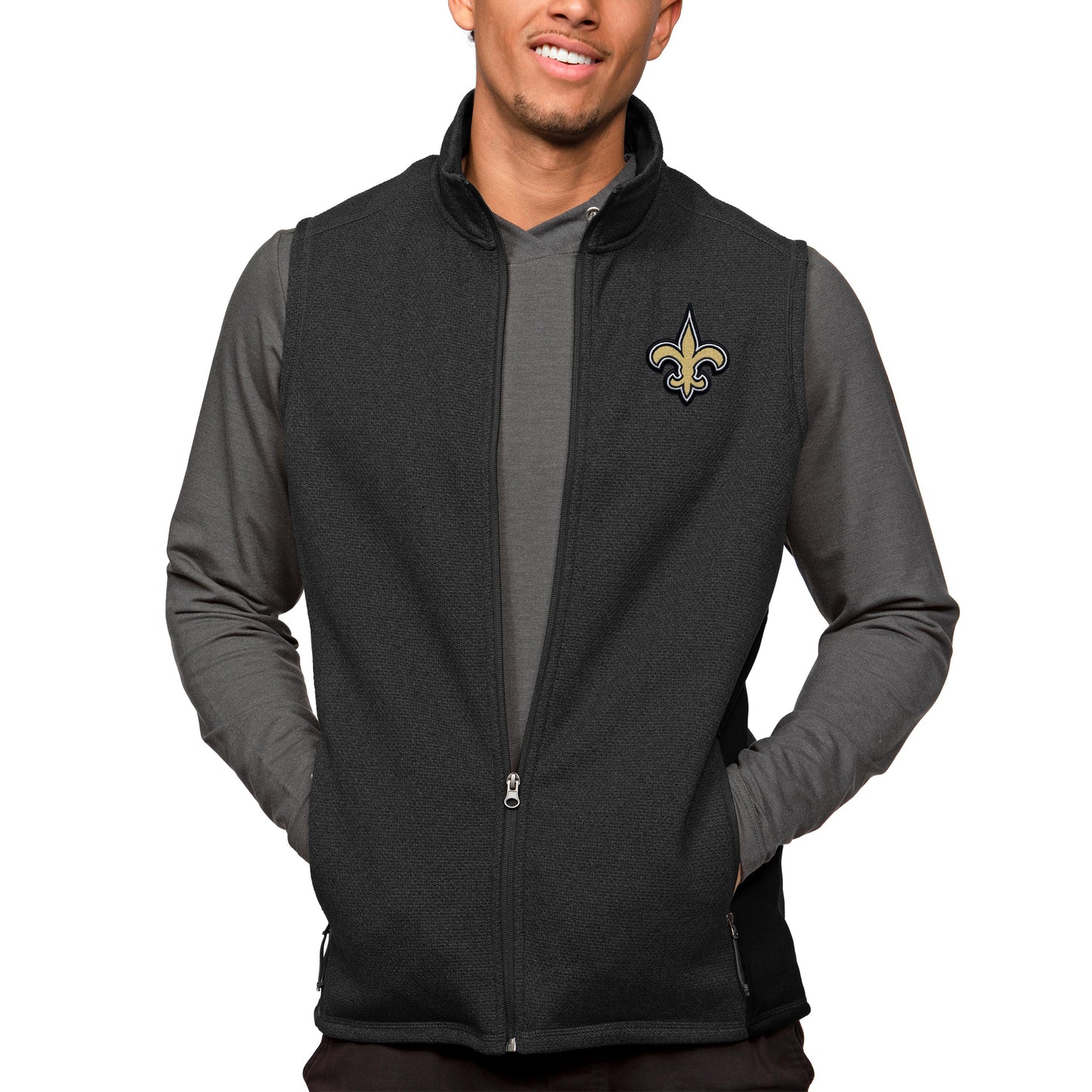 Men's Antigua Heathered Black New Orleans Saints Course Full-Zip Vest