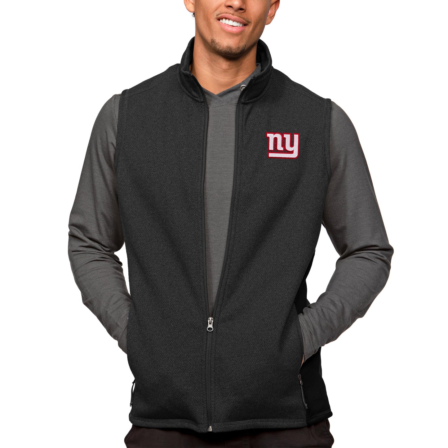 Men's Antigua Heathered Black New York Giants Course Full-Zip Vest