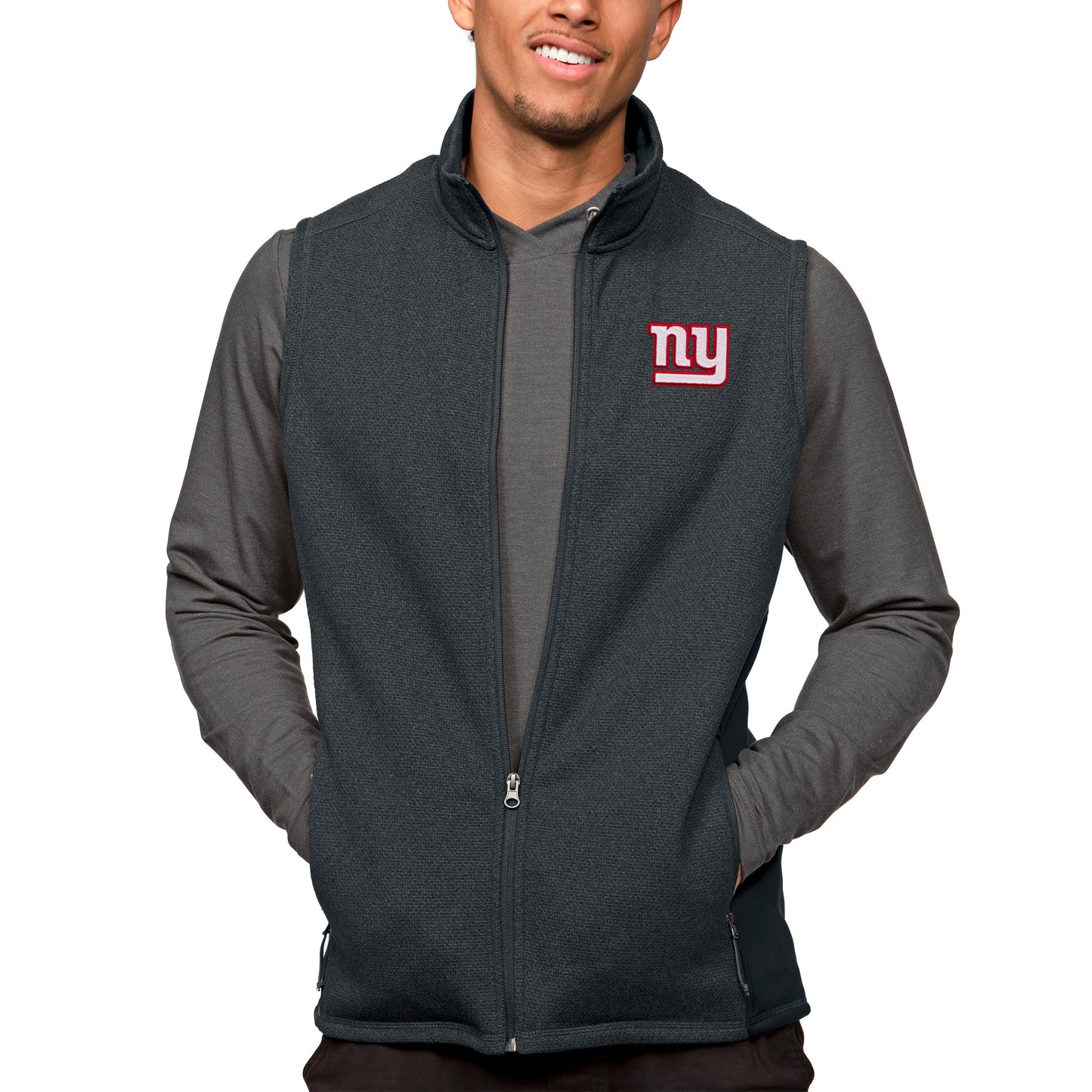 Men's Antigua Heathered Charcoal New York Giants Course Full-Zip Vest