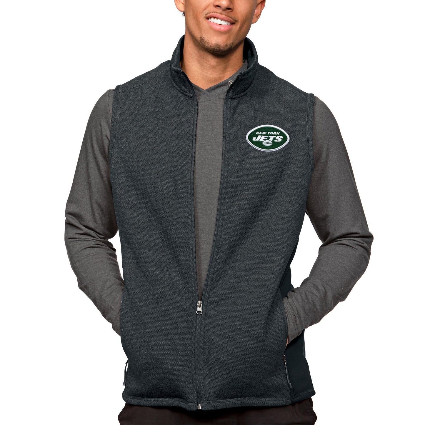 Men's Antigua Heathered Charcoal New York Jets Course Full-Zip Vest