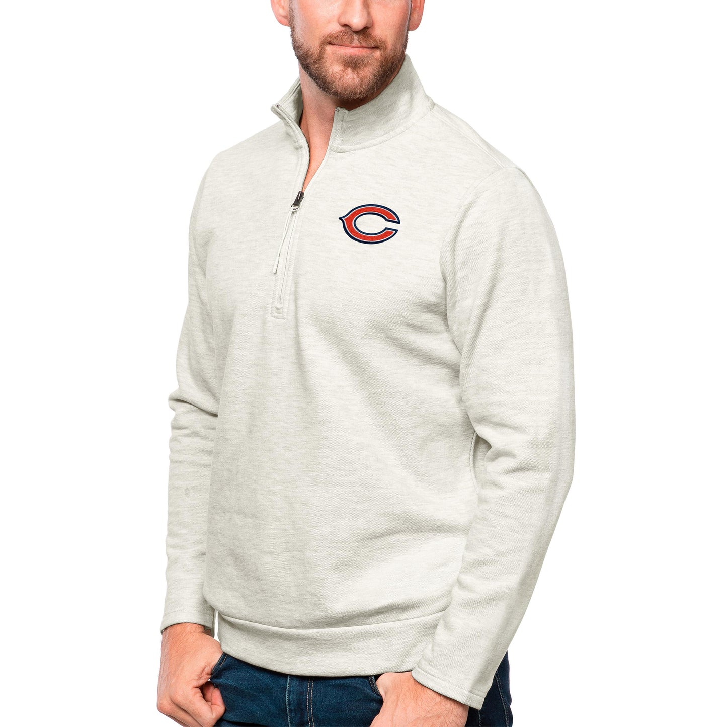 Men's Antigua Oatmeal Chicago Bears Gambit Quarter-Zip Pullover Top