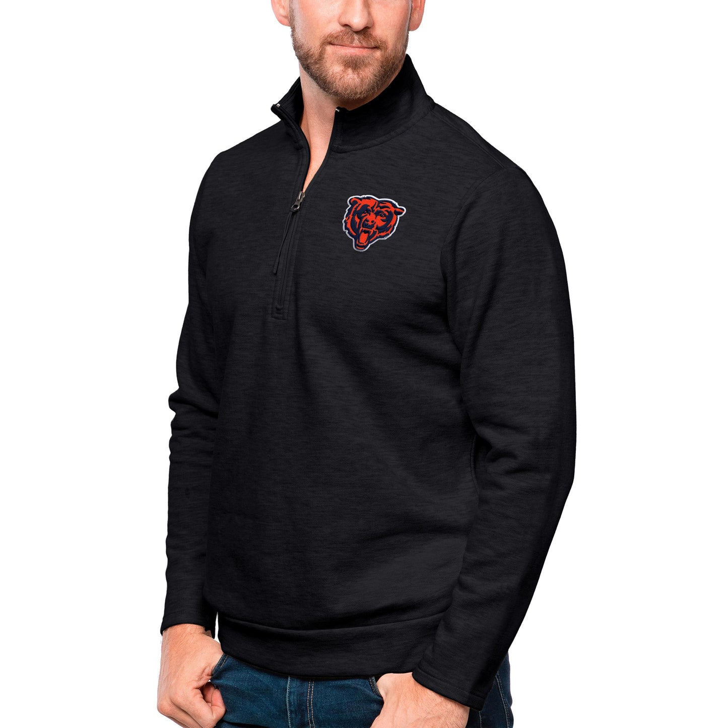 Men's Antigua Heathered Black Chicago Bears Gambit Quarter-Zip Pullover Top