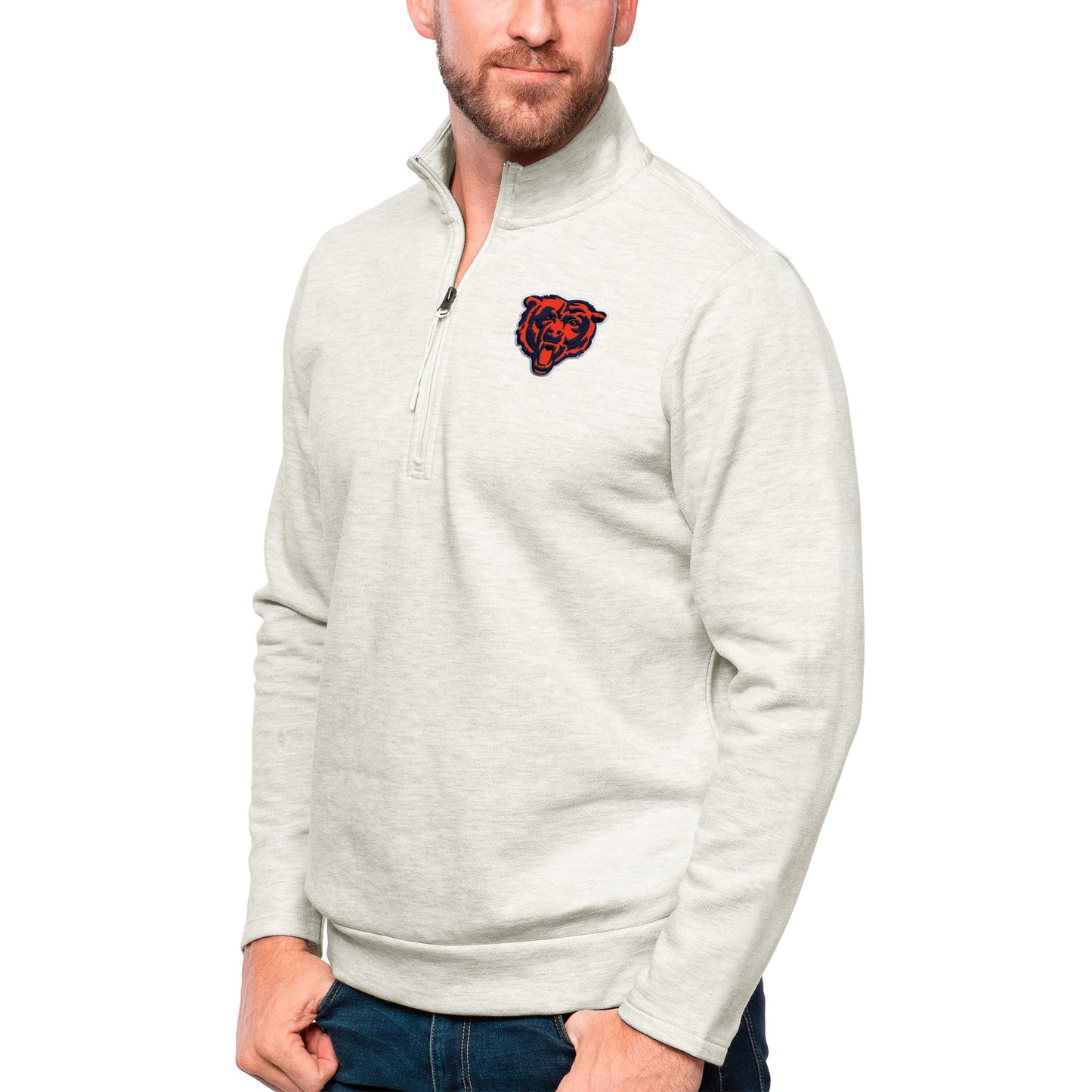 Men's Antigua Oatmeal Chicago Bears Gambit Quarter-Zip Pullover Top