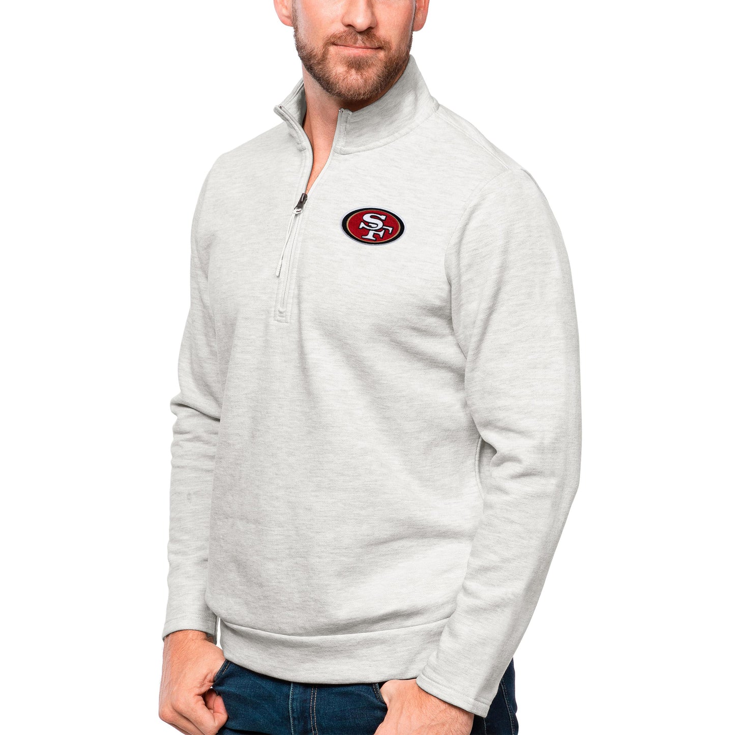 Men's Antigua Heathered Gray San Francisco 49ers Gambit Quarter-Zip Pullover Top