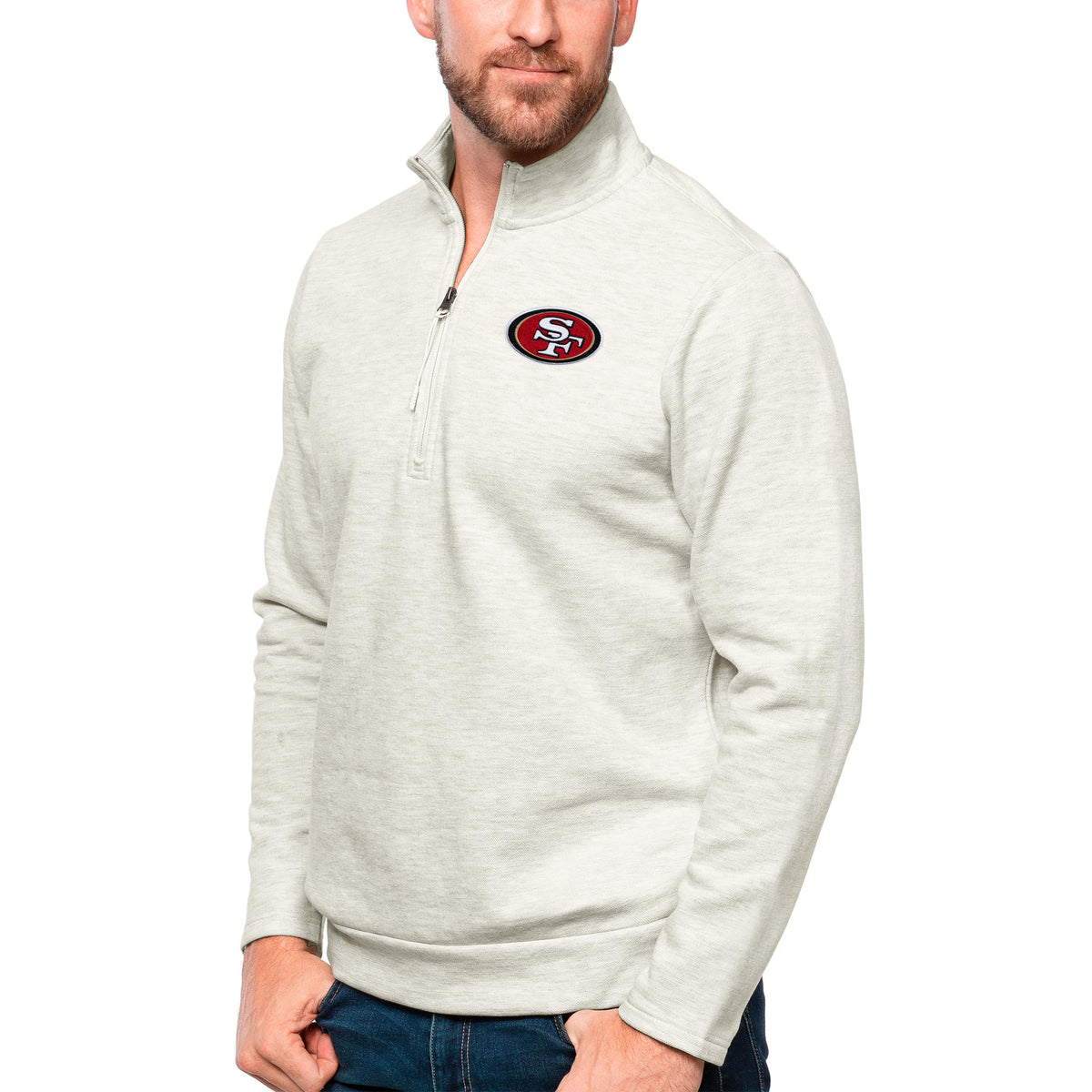 Men's Antigua Oatmeal San Francisco 49ers Gambit Quarter-Zip Pullover Top
