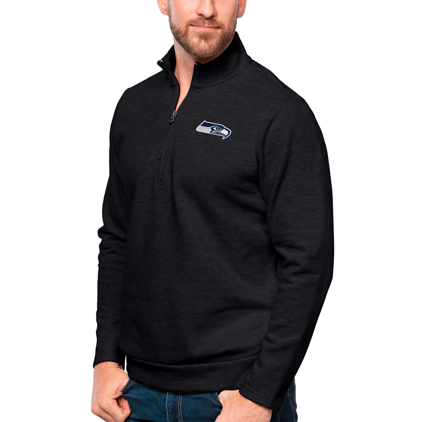 Men's Antigua Heathered Black Seattle Seahawks Gambit Quarter-Zip Pullover Top