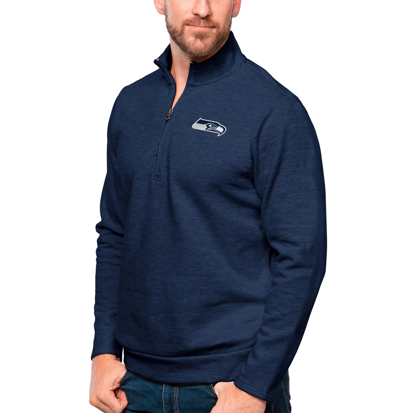 Men's Antigua Heathered Navy Seattle Seahawks Gambit Quarter-Zip Pullover Top