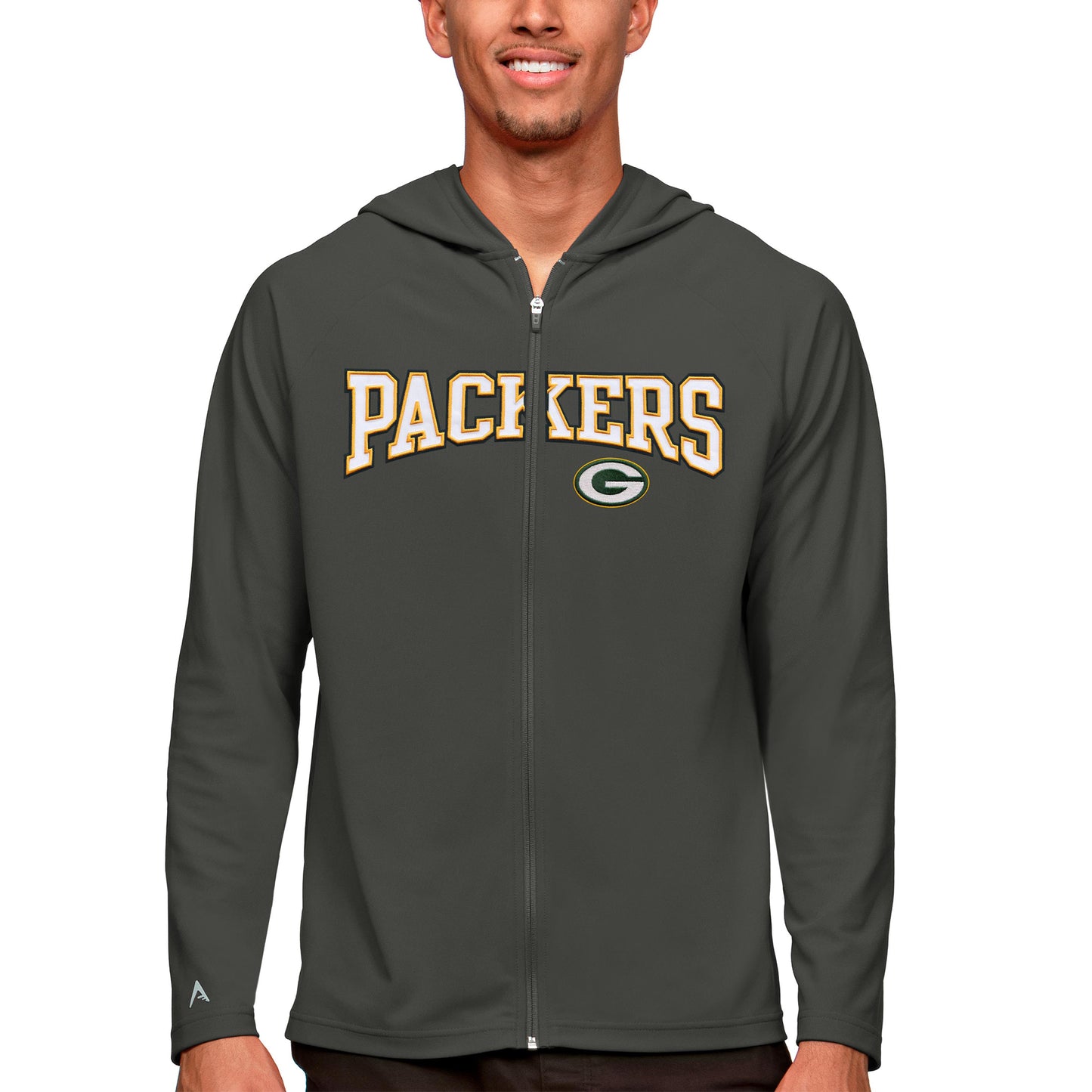 Men's Antigua Charcoal Green Bay Packers Legacy Full-Zip Hoodie