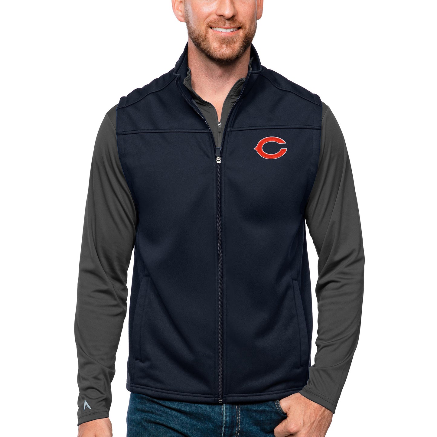 Men's Antigua Navy Chicago Bears Links Full-Zip Golf Vest