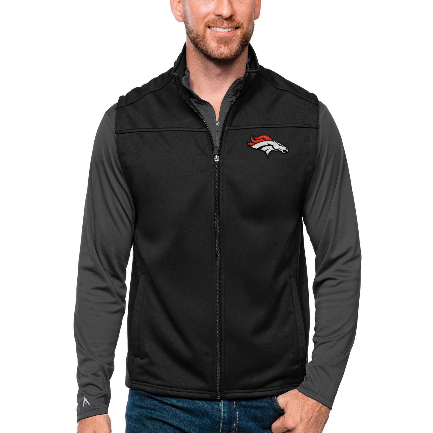 Men's Antigua Black Denver Broncos Links Full-Zip Golf Vest