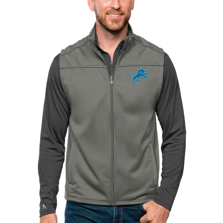 Men's Antigua Steel Detroit Lions Links Full-Zip Golf Vest