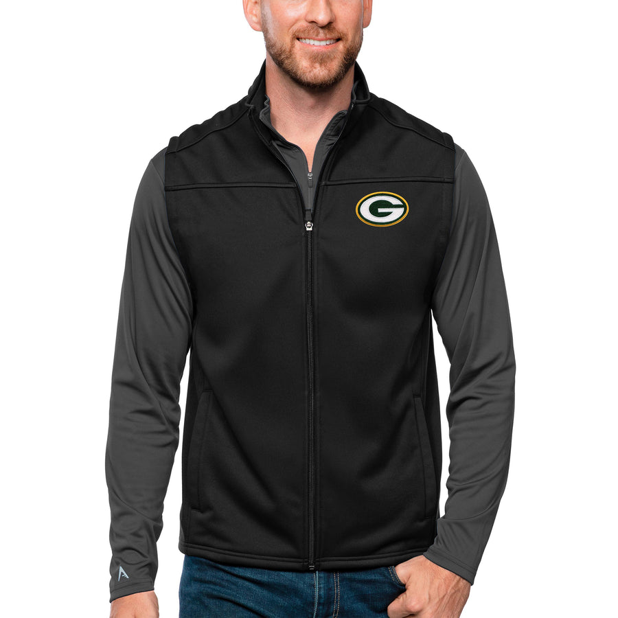 Men's Antigua Black Green Bay Packers Links Full-Zip Golf Vest