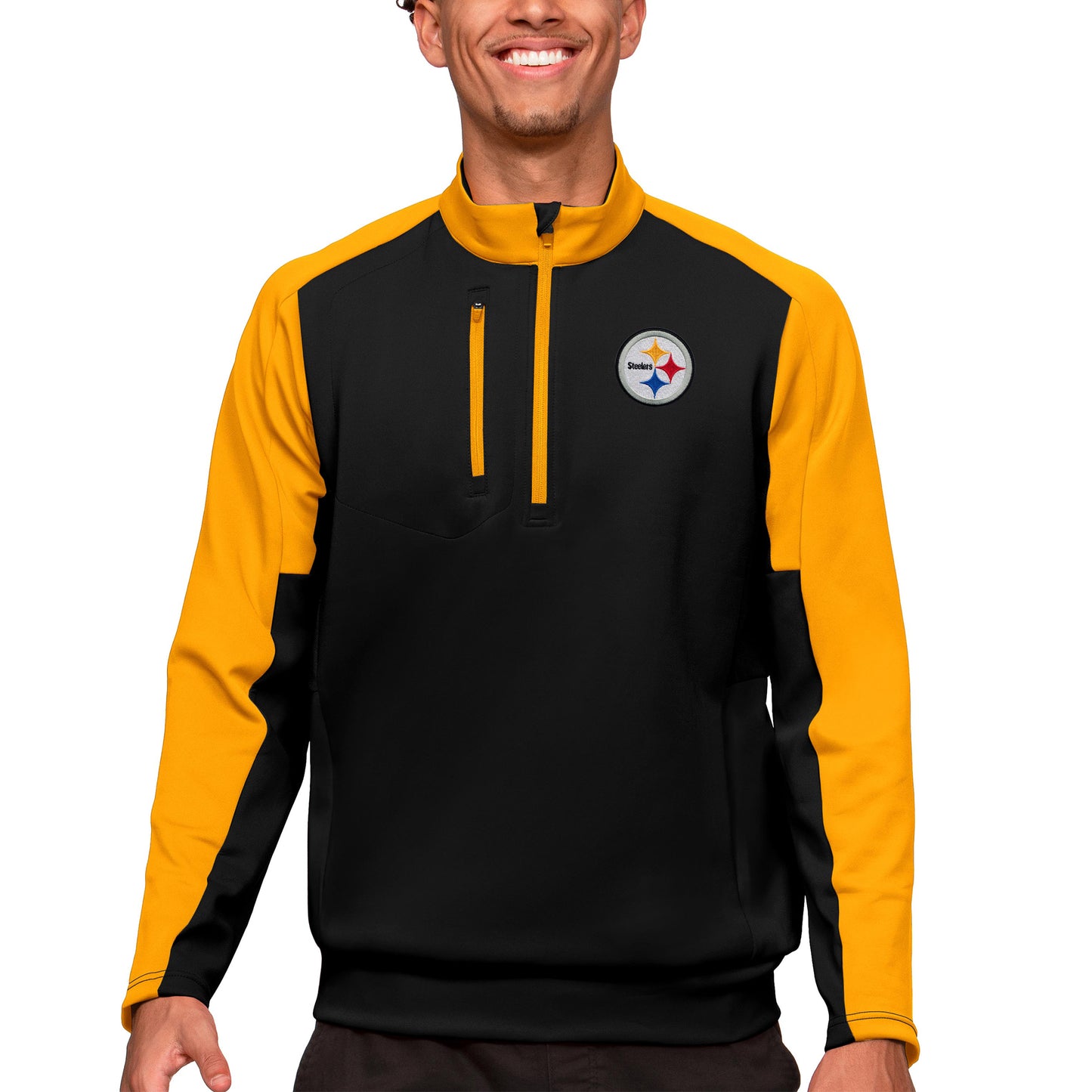 Men's Antigua Black Pittsburgh Steelers Team Quarter-Zip Pullover Top