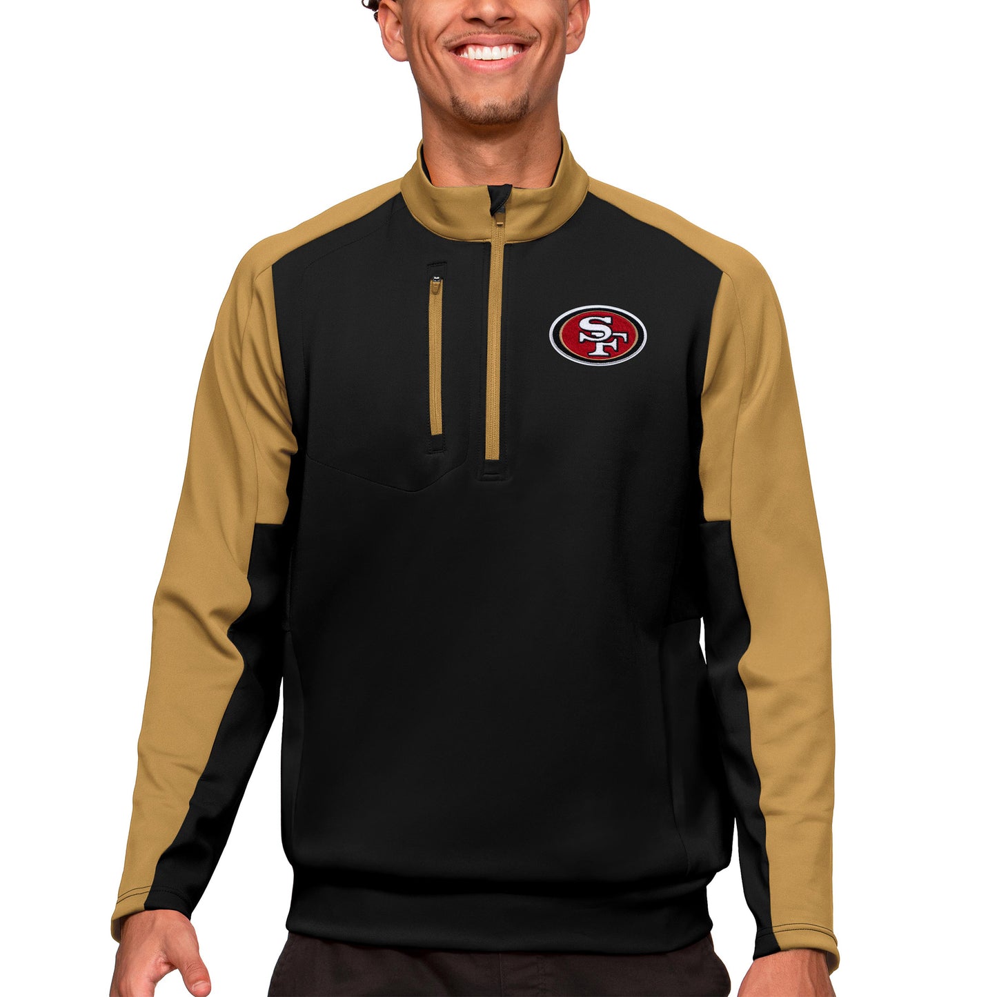 Men's Antigua Black San Francisco 49ers Team Quarter-Zip Pullover Top
