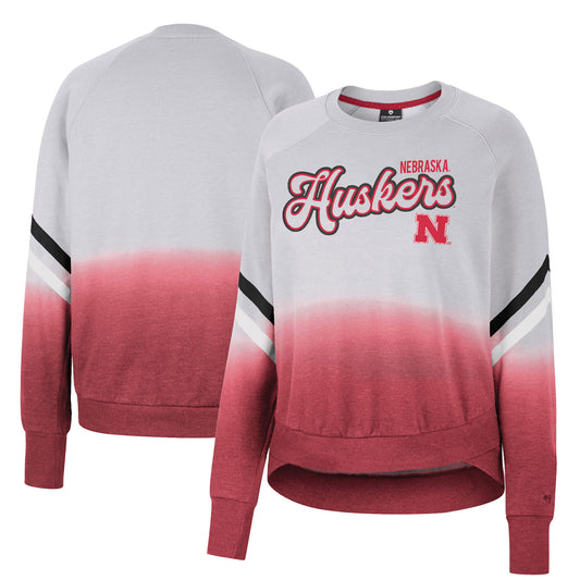 Women's Colosseum Gray Nebraska Huskers Cue Cards Dip-Dye Raglan Pullover Sweatshirt