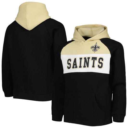 Youth New Orleans Saints Black Color Block Raglan Pullover Hoodie