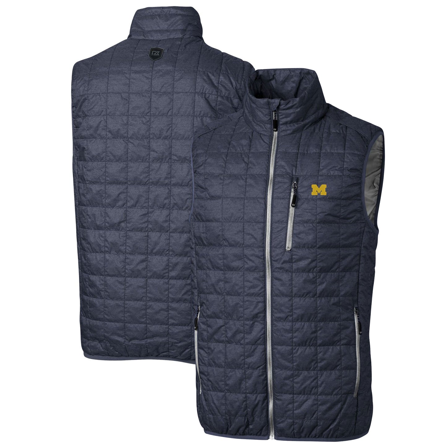 Men's Cutter & Buck Heathered Navy Michigan Wolverines Big & Tall Rainier PrimaLoft Eco Full-Zip Puffer Vest