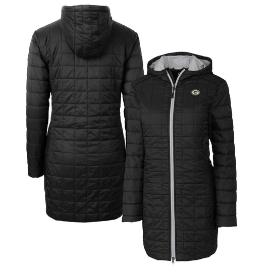 Women's Cutter & Buck Black Green Bay Packers Rainier Primaloft Eco Hooded Long Lightweight Coat