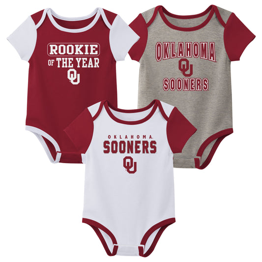 Newborn & Infant Crimson/White/Heather Gray Oklahoma Sooners 3-Pack Bodysuit Set