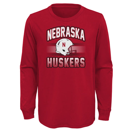 Youth Scarlet Nebraska Huskers Wordmark Helmet Long Sleeve T-Shirt