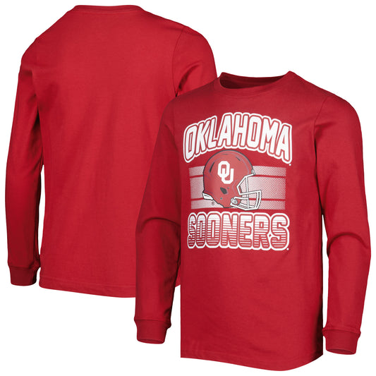 Youth Crimson Oklahoma Sooners Wordmark Helmet Long Sleeve T-Shirt