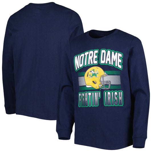 Youth Navy Notre Dame Fighting Irish Wordmark Helmet Long Sleeve T-Shirt