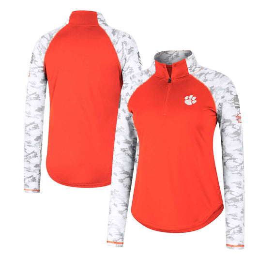 Women's Colosseum Orange Clemson Tigers OHT Military Appreciation Flash Arctic Camo Raglan Quarter-Zip Jacket