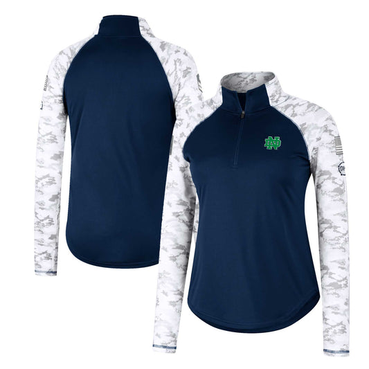 Women's Colosseum Navy Notre Dame Fighting Irish OHT Military Appreciation Flash Arctic Camo Raglan Quarter-Zip Jacket