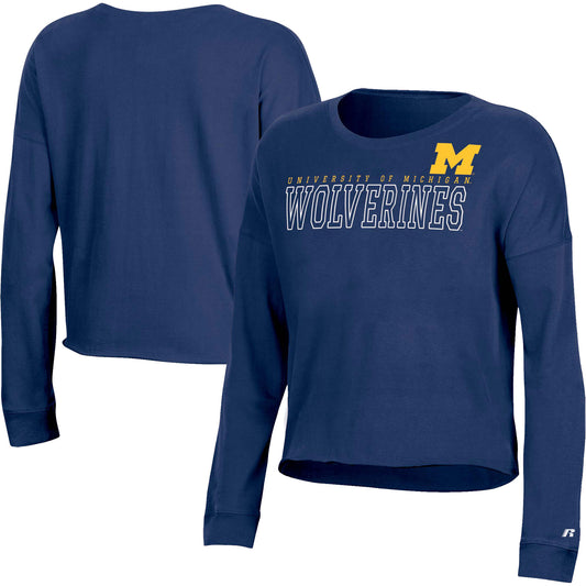 Women's Russell Navy Michigan Wolverines Fashion Cropped Long Sleeve T-Shirt