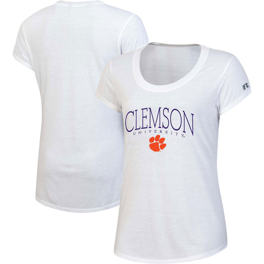 Women's Russell White Clemson Tigers Wordmark Scoop Neck T-Shirt